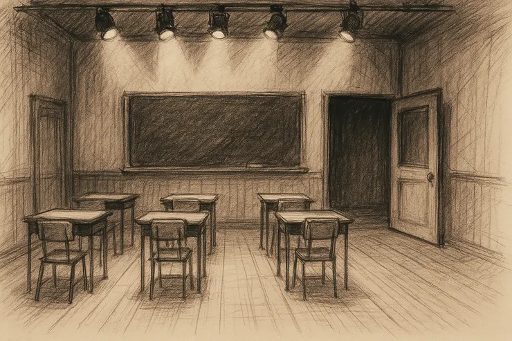 可以被拿來討論的舞台概念圖，AI生成，對我來說這個圖有個演出時的大問題，有人知道是什麼嗎？看看我們的看法是否一樣。