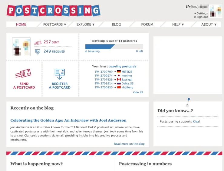 Postcrossing的首頁，簡單又可愛