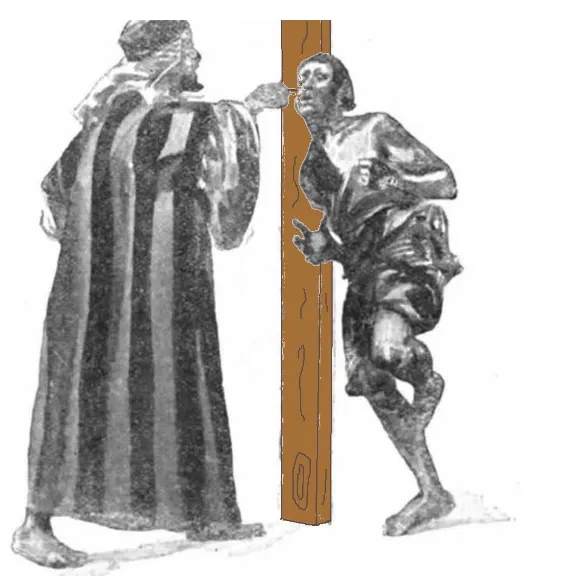 「你在百姓面前所要立的典章是這樣： 你若買希伯來人做奴僕，他必服侍你六年，第七年他可以自由，白白地出去。 // 倘或奴僕明說：『我愛我的主人和我的妻子、兒女，不願意自由出去。』 他的主人就要帶他到審判官（或譯：神）那裡，又要帶他到門前，靠近門框，用錐子穿他的耳朵，他就永遠服侍主人。 - 〈出埃及記〉21: 1–2; 5–6