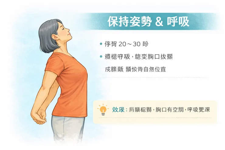 保持姿勢 & 呼吸 文案： 停留 20～30 秒 緩慢呼吸，感受胸口放鬆 成圖片 頭保持自然位置 💡效果：肩頸輕鬆，胸口有空間，呼吸更深 畫面建議：側面示意圖，胸口打開，肩膀放鬆，呼吸平順