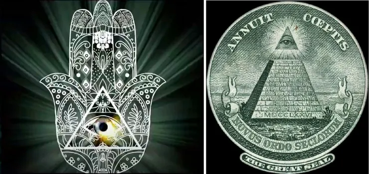 瑪丹娜演唱會上的全視之眼(左)與光明會(右)