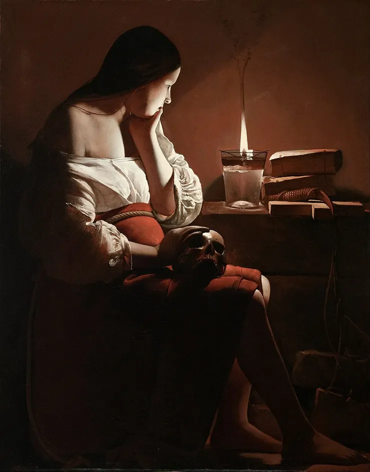 藝術家：喬治·德·拉·圖爾（Georges de La Tour，1593–1652）  作品名稱：《The Magdalen with the Smoking Flame》（持燃燭的瑪達肋納）  創作時間：約1638–1640年  媒材：油彩畫布  收藏地點：美國洛杉磯郡立美術館（Los Angeles County Museum of Art, LACMA）