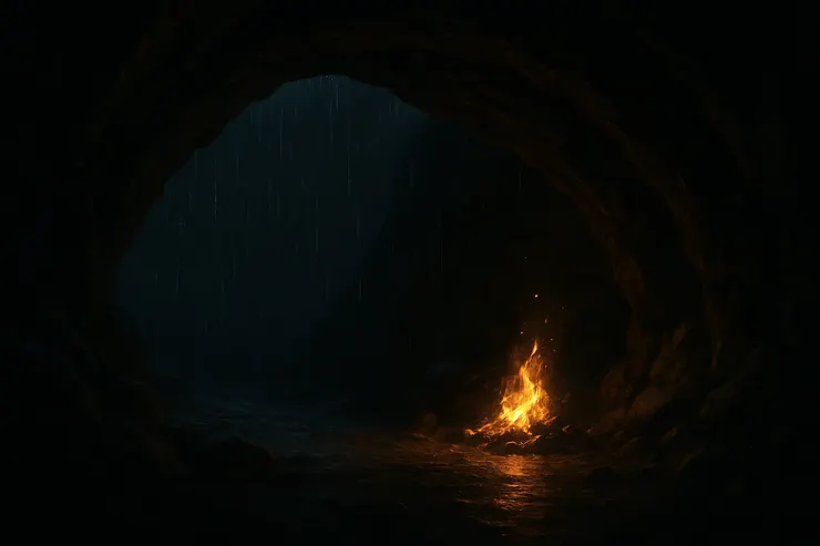 雨聲一滴滴墜落，黑夜像牆一樣厚重。 洞裡的火苗卻靜靜呼吸，把濕冷的石壁映亮。 高牆之外是壓抑，洞口之內是守候。 在這裡，回音會被火光接住。