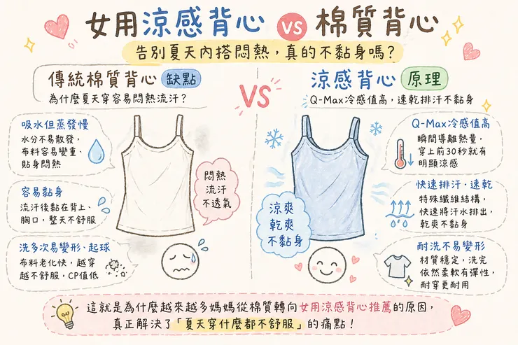 女用涼感背心 VS 棉質背心 比較｜2026 冰絲涼感背心 vs 傳統棉質 夏天內搭不黏身、透氣速乾、Q-Max冷感一次看懂！