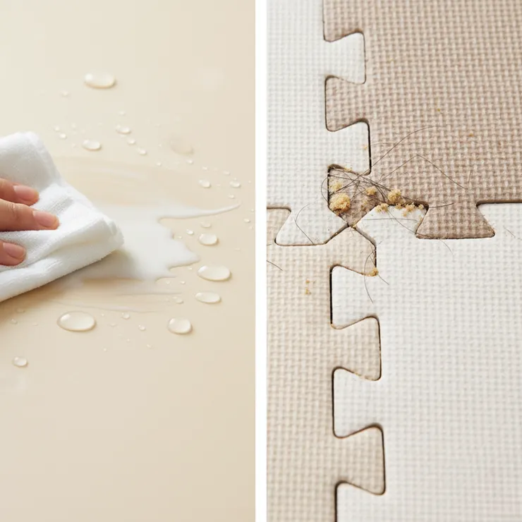 兒童爬行墊清潔性對比圖：無縫 PU 材質輕鬆擦拭溢奶，與巧拼縫隙卡住餅乾屑的對比。強調材質對日常清潔的影響。