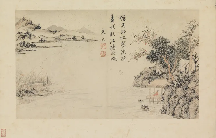 明文嘉詩意圖　冊　〈秋江聽雨〉