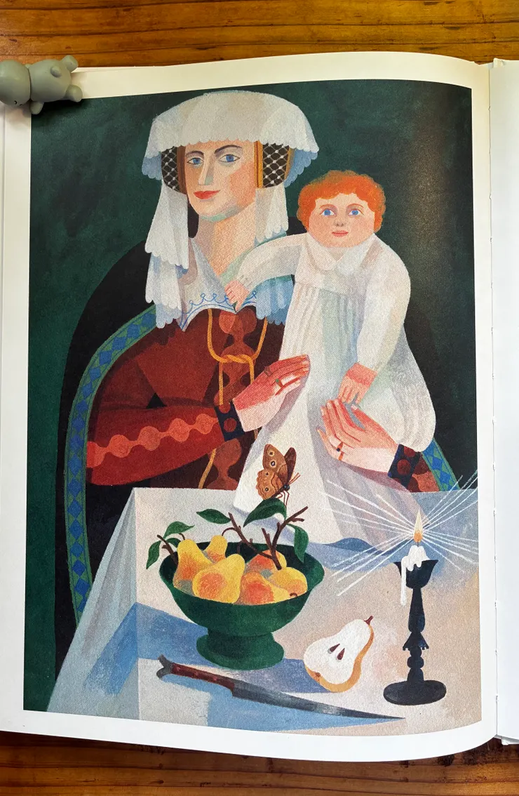 西洋梨象徵豐饒； 刀與剖開的果實暗示真相； 燭火象徵覺知； 蝴蝶則意味從恐懼到掌握權力的蛻變。 