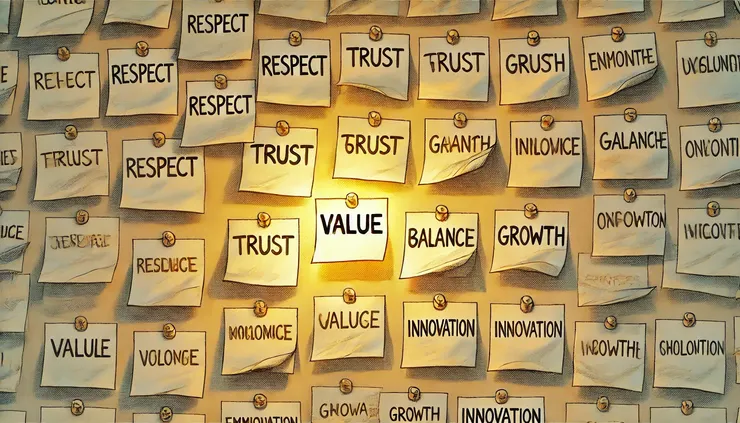 一張便利貼在其他便利貼中閃亮突出,上面寫著「價值」,象徵讓員工的價值被清楚看見。