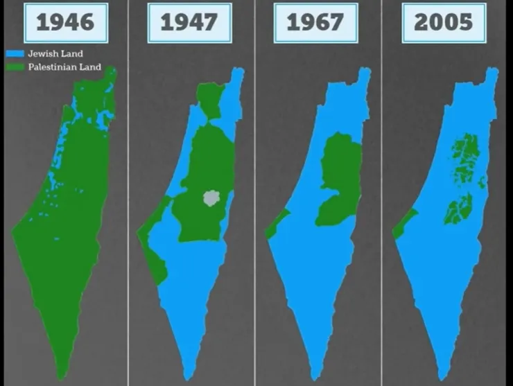 以色列和巴勒斯坦的土地劃分(藍色為以色列 綠色為巴勒斯坦)