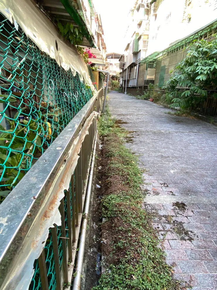 兩排公寓之間，底下是溝子口溪。曾住在附近的同學說，以前還沒封蓋時上面架有便橋