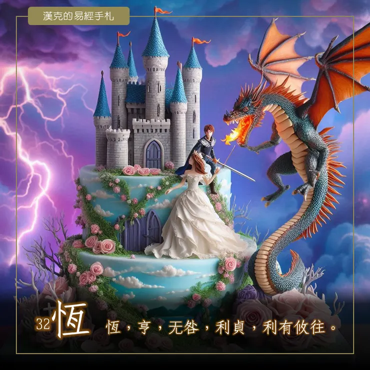 雷風恆，「長男長女」合力維護家園。3層豪華結婚蛋糕，附飛天噴火龍助陣。（漢克設計，AI生成圖）