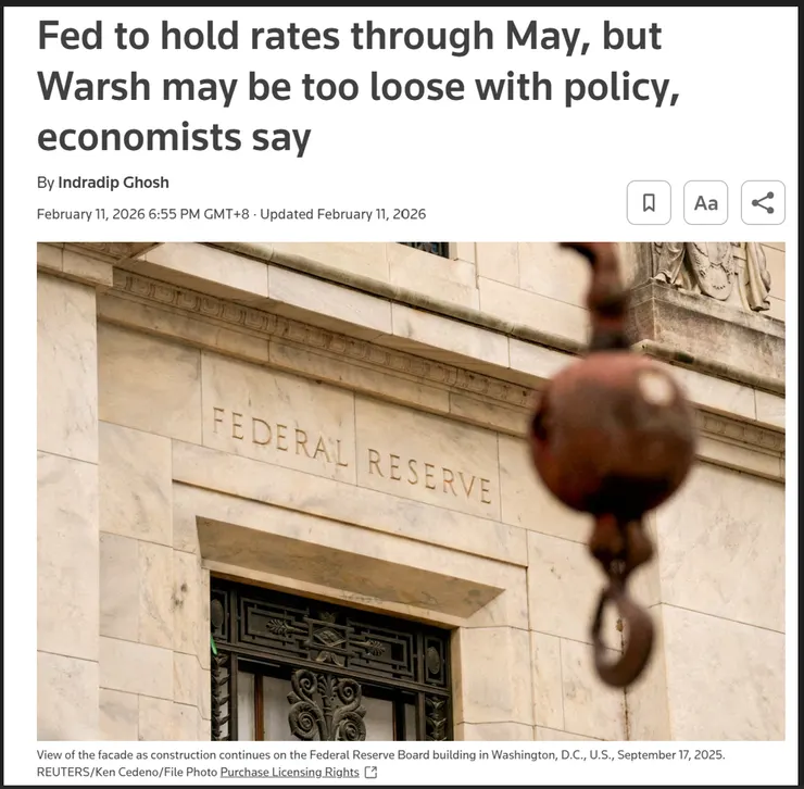 經濟學家指出，聯準會（Fed）將維持利率不變至五月，但華許（Warsh）的政策立場可能過於寬鬆。