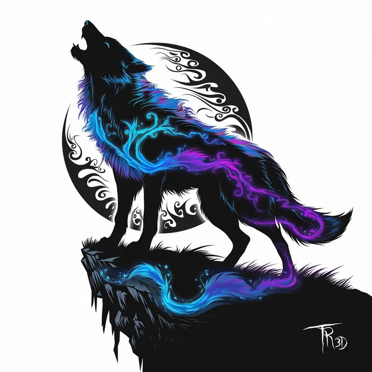 A black silhouette of a howling wolf standing on a rocky cliff, with vibrant, electric blue and purple colors emanating from its fur, creating a mystical aura. The moon shines behind it, and intricate patterns flow through the wolf’s silhouette. The background is white, and there is a signature of the artist 'Tr3D' in the lower right corner.