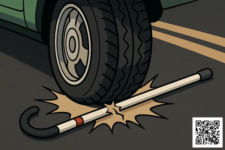 視障者的白手杖在路上慘遭輪胎輾壓遭殃