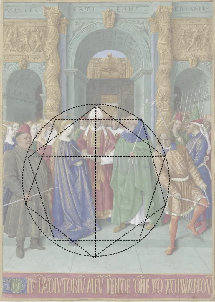 《聖母的婚禮》，圍繞著倒置的雙「五邊形」組成。