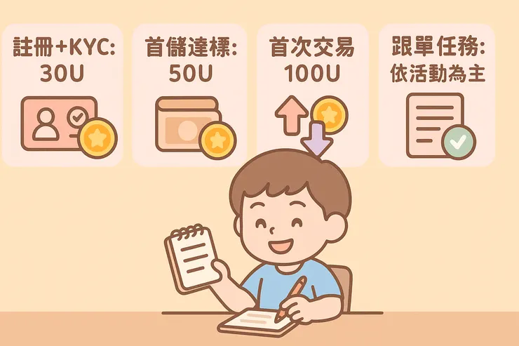 BingX新戶紅利解鎖圖，展示註冊KYC、首儲、首次交易與跟單任務的獎勵金額