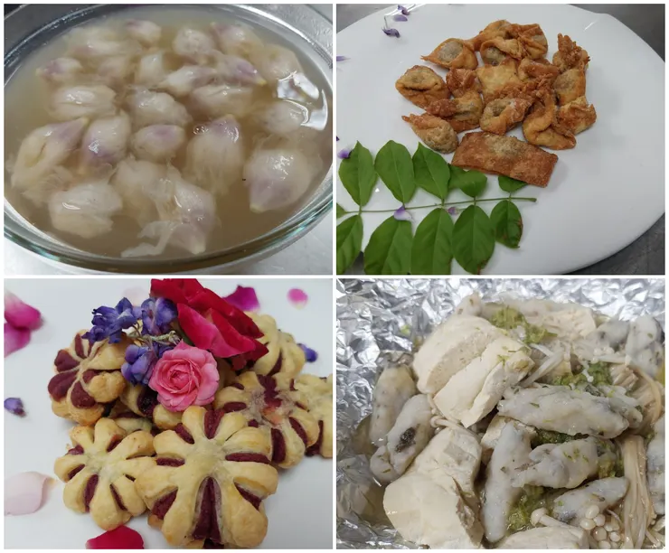 各種琳瑯滿目現做的花食：(左上)木槿花餛飩 (右上)酥炸紫藤花餛飩  (左下)玫瑰小酥餅 (右下)野薑花臭豆腐