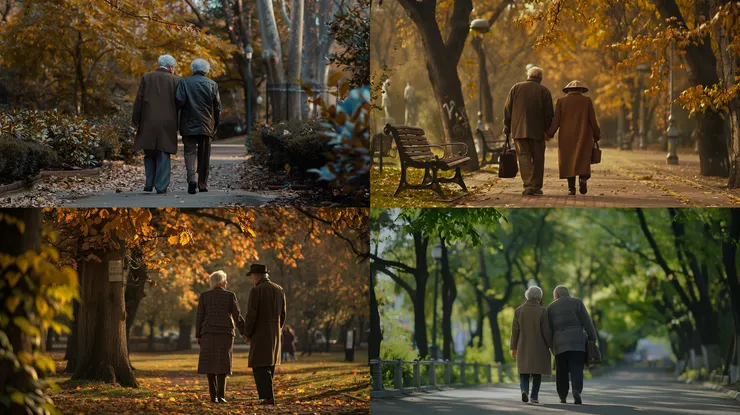 an old couple, in the park, head-to-foot shot, --ar 16:9
