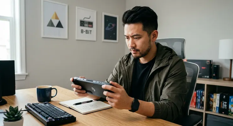 梁練偉手持 Steam Deck 專注測試，為讀者分析掌上型遊戲設備的潛力與選購重點。