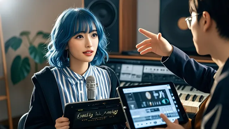 果凍潔莉與製作人討論歌曲製作