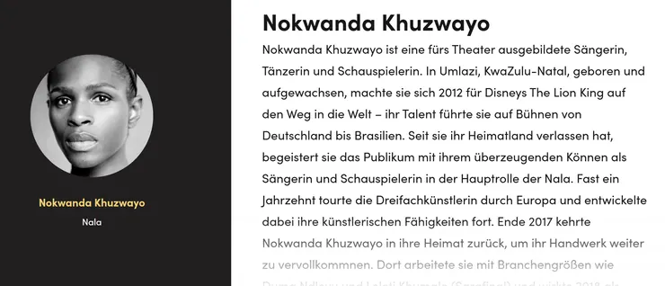 截圖自Stage Entertainment官網，Nokwanda Khuzwayo 飾演成年娜娜 (Nala)。