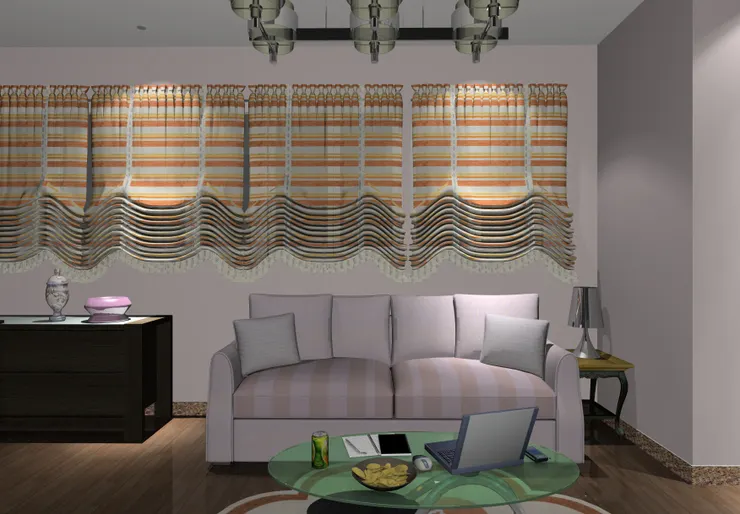 正面看沙發和茶几。我挺喜歡這款窗簾，以前家裏也有。茶几上放了筆記電腦和零食。這裏是萊絲莉工作的地方。她最喜歡一邊寫稿一邊吃零食。