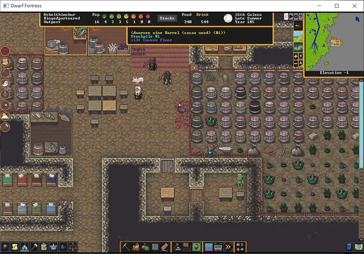 steam版遊戲截圖,矮人、動物、道具皆以圖像顯示