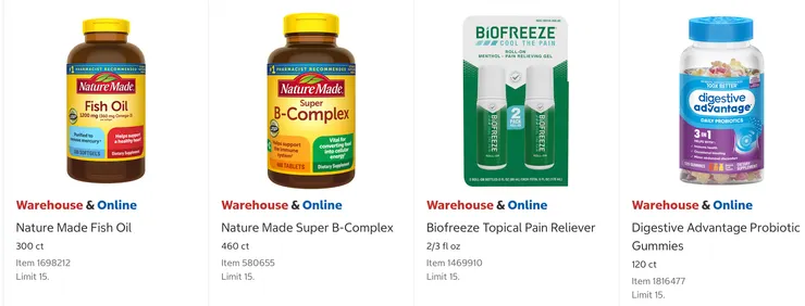 Nature Made魚油 $18.99、Nature Made B群 $18.99、Biofreeze 止痛劑 $19.99、Schiff 益生菌 $20.99。