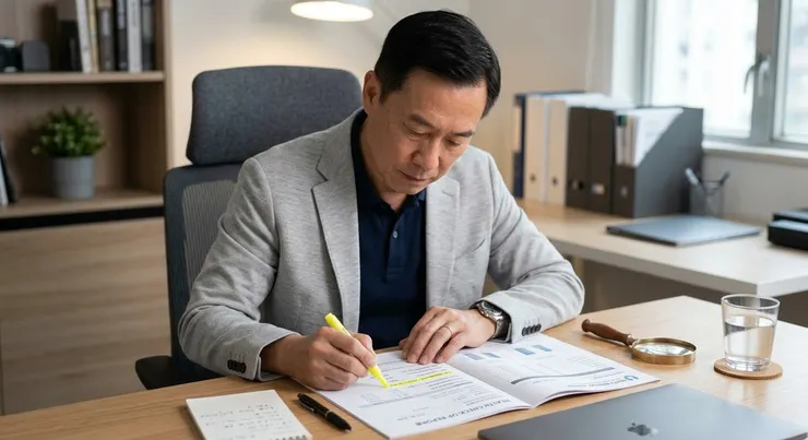 梁練偉手持筆專注研讀健檢報告，細緻標註關鍵數據。