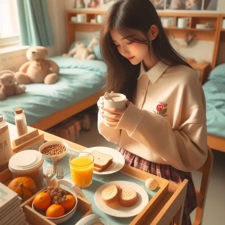日常生活細節:溫馨的宿舍環境、大學生享用早餐與準備上學的瞬間,強調生活中的小確幸。