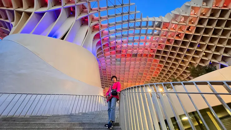 從蜂巢木結構的隙縫中透出將暗未暗的藍色天空