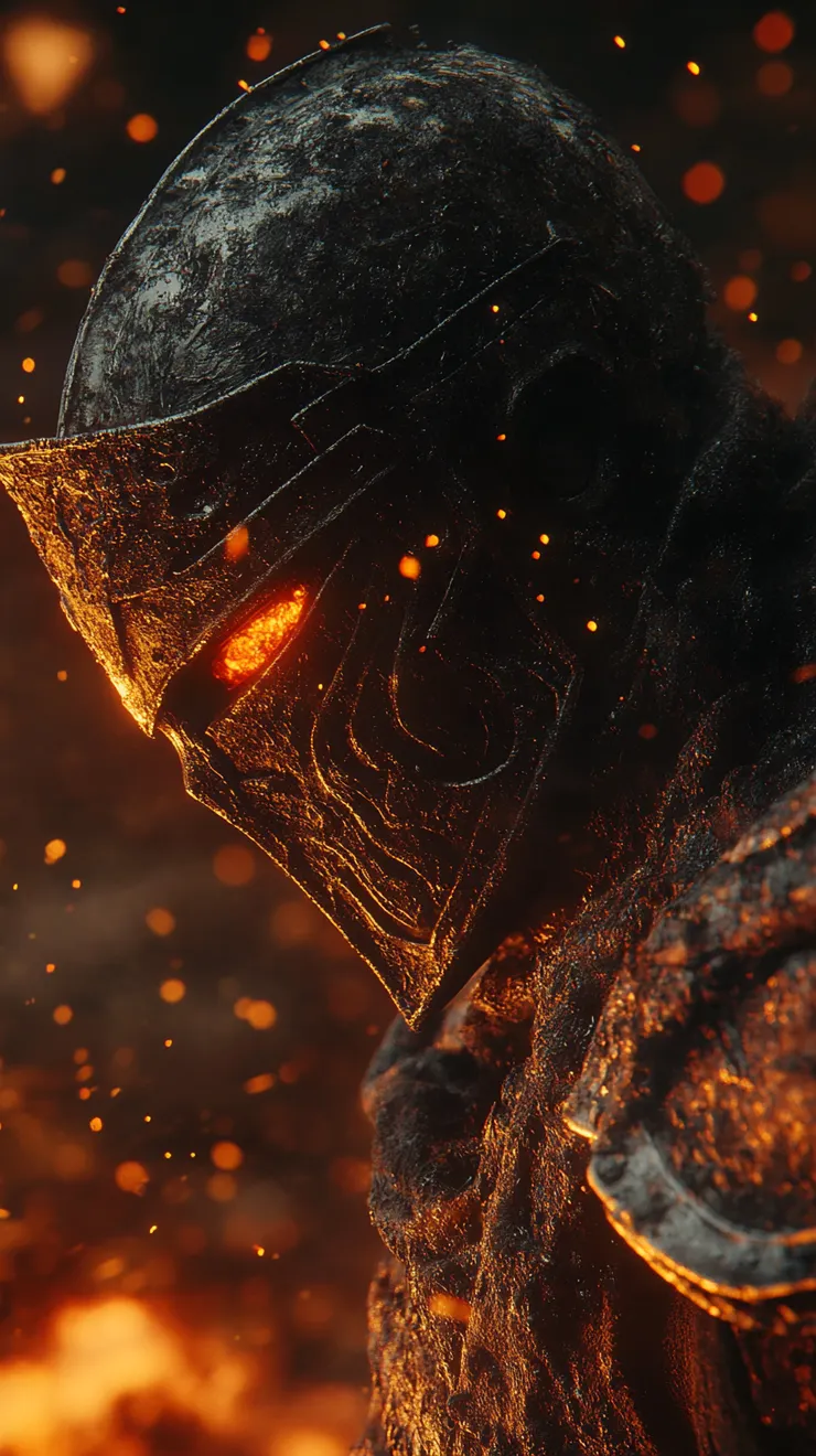 Face obscured by shadow and helmet, but embers glow intensely from within the visor