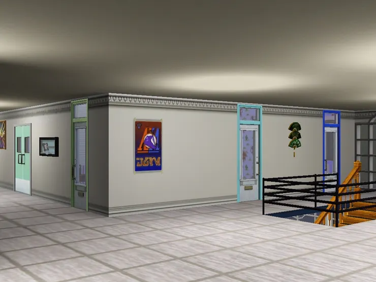 每扇門顏色都不同，房間也是用顏色來命名，就是「藍色房」、「綠色房」這樣子。