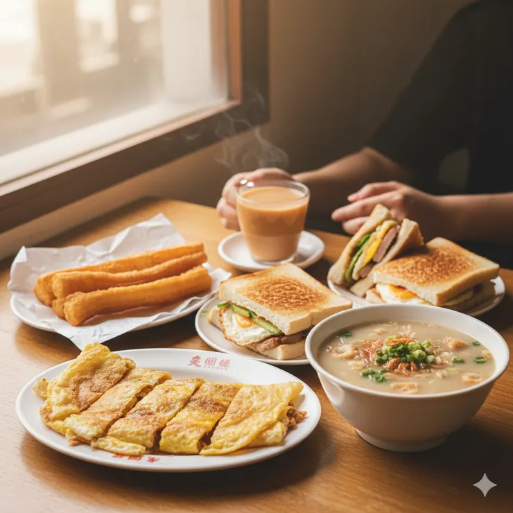 台式早餐組合，溫暖早晨氛圍，生活感畫面，適合早餐店菜單