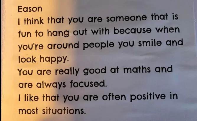 同學寫給小兒子的卡片