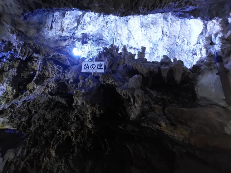 鐘乳石的石筍和石柱們，上方也用白光和紫光照明