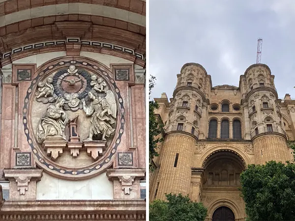 (左)正面正中間半立體的巴洛克式裝飾 (右)左側入口處