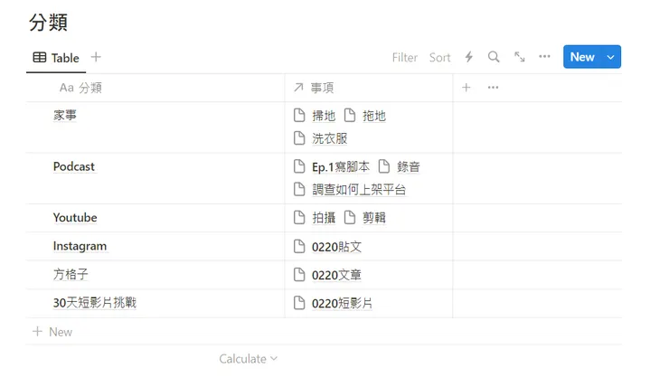 在「分類」資料庫中輸入你在每個分類底下所要完成的事項