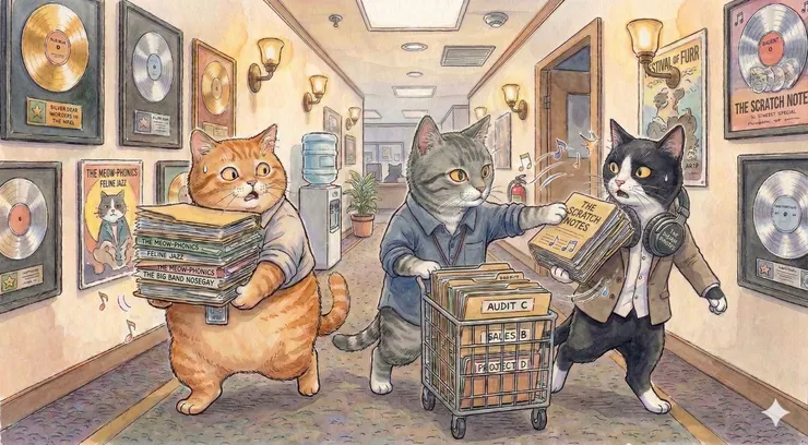 橘貓因為工作壓力發福了嗎？賓士貓喜歡耍酷，脖子上的耳機是裝飾用造型，貓咪無法靠這種耳機聽音樂。