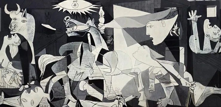 《格爾尼卡》運用立體主義的繪畫形式，以變形、象徵和寓意的手法描繪了在法西斯獸行下，人民驚恐、痛苦和死亡的悲慘情景。 