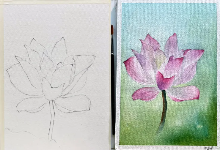 水彩練習W68夏荷, 26x18cm, JUL2024, (參考網路攝荷)