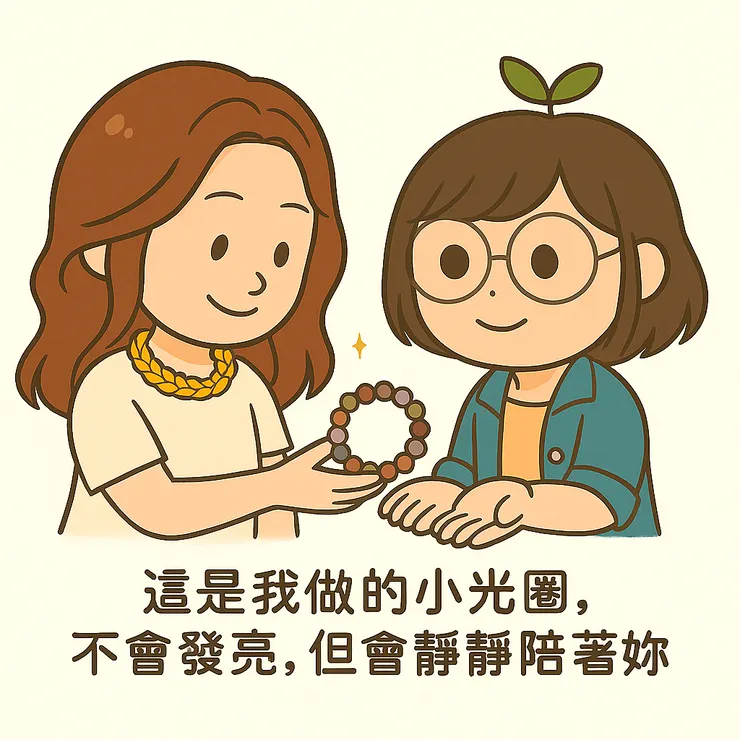 這是我親手串的小光圈，沒有閃亮亮的特效，但裡面藏著一點點祝福的能量，會陪妳一起慢慢長大。