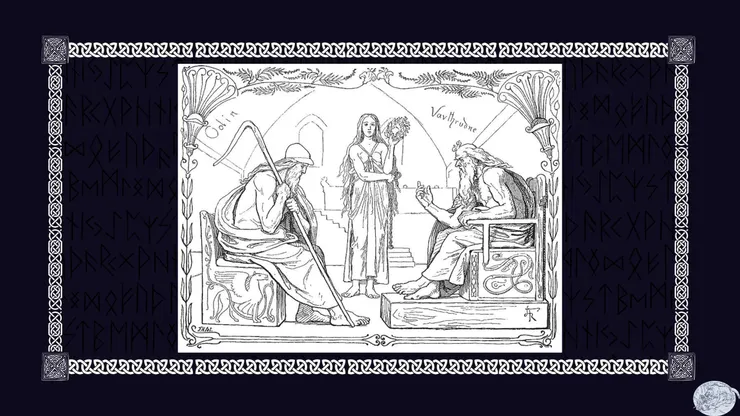 Odin and Vafþrúðnir battle in a game of knowledge (1895) by Lorenz Frølich