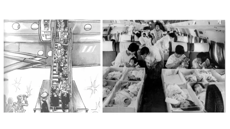 圖10跨國領養包機抵達美國時，一個個穿著韓服的嬰幼兒被抱下飛機。 圖11 一箱一箱的嬰兒被擺放在改裝過的客艙內。