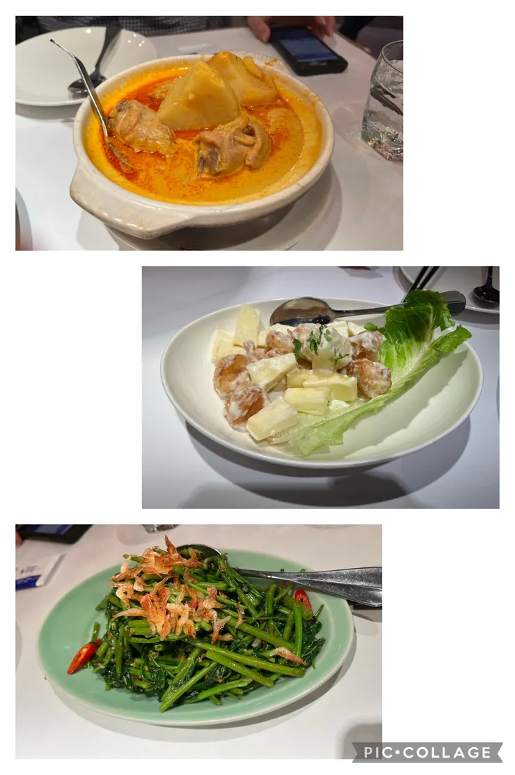 南洋咖哩雞、鳳梨蝦球、櫻花蝦醬空心菜。