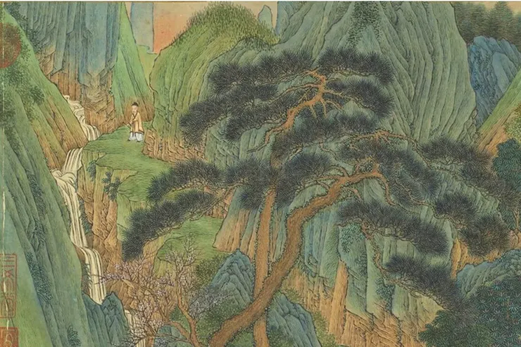 清乾隆 王炳《仿趙伯駒桃源圖》（局部）高士追尋場景。