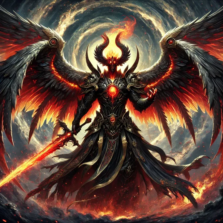 他被稱為「毀滅者」，是《啟示錄》中無底坑的天使。畫面展現出他身披黑金鎧甲，擁有巨大燃燒的翅膀，雙眼閃耀著詭異的紅光，手持燃燒的巨劍，背景是一片充滿混沌能量的風暴深淵，象徵著毀滅與審判 