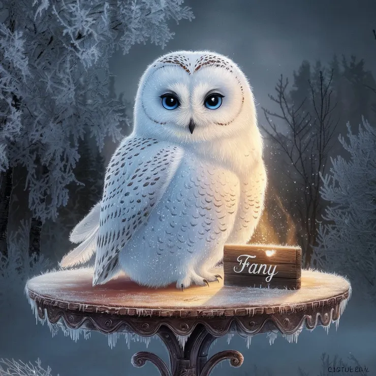 A captivating and enchanting illustration of a majestic snow owl, perched elegantly on an aged, frost-covered wooden table. The owl's striking beauty lies in its large, mesmerizing blue eyes that draw the viewer in. Its soft, fluffy feathers blend white shades, creating a delightful contrast against the frost. A small wooden sign with the name "Fany" sits on the table, in cursive letters. As the owl emits a warm, soft glow, it adds to the magical ambiance of the scene. Set against a backdrop of frost-covered trees and a wintry woods, this ethereal illustration transports the viewer to a whimsical realm, offering a soothing and reassuring experience for anyone who beholds it.