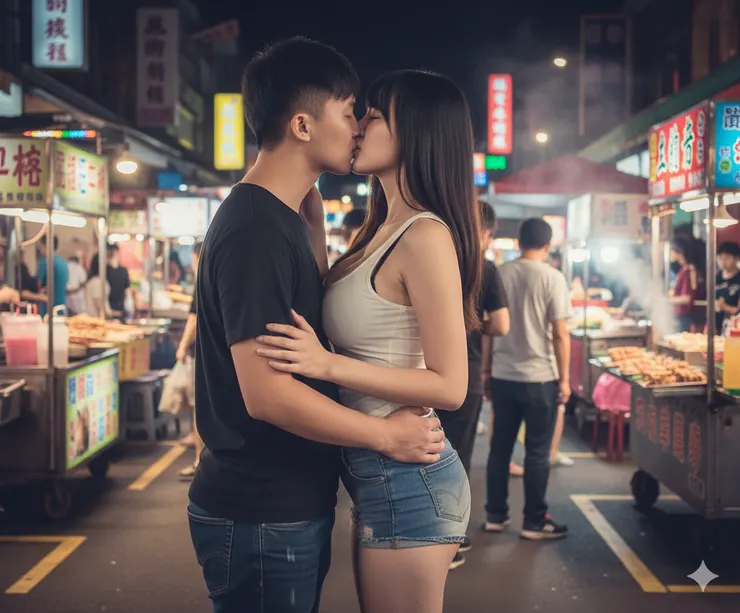 黃鈺程(左)與陳汝蓁(右)在夜市接吻