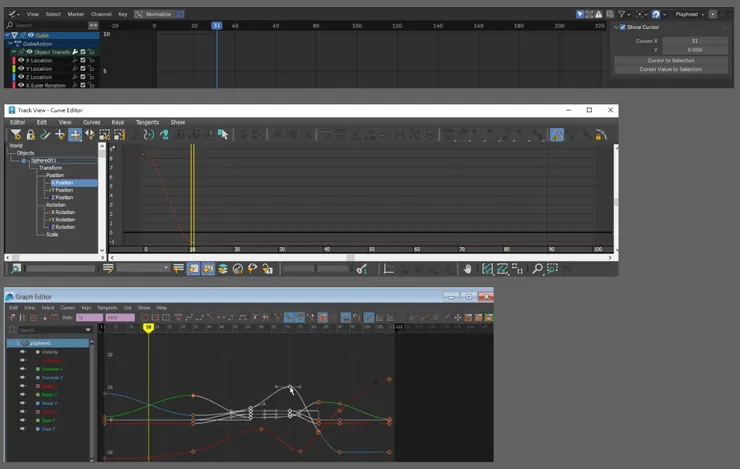 Max 和 Maya 的介面都有很多操作按鈕,至於 Blender 嘛....
